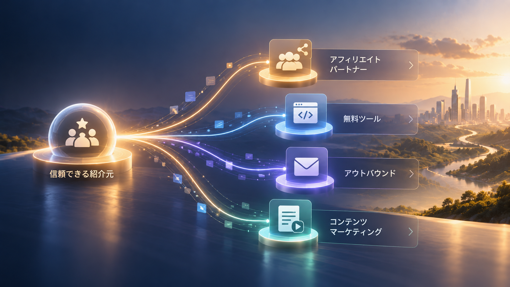 信頼できる紹介元から複数の集客チャネルへ広がるDistribution構造の図解