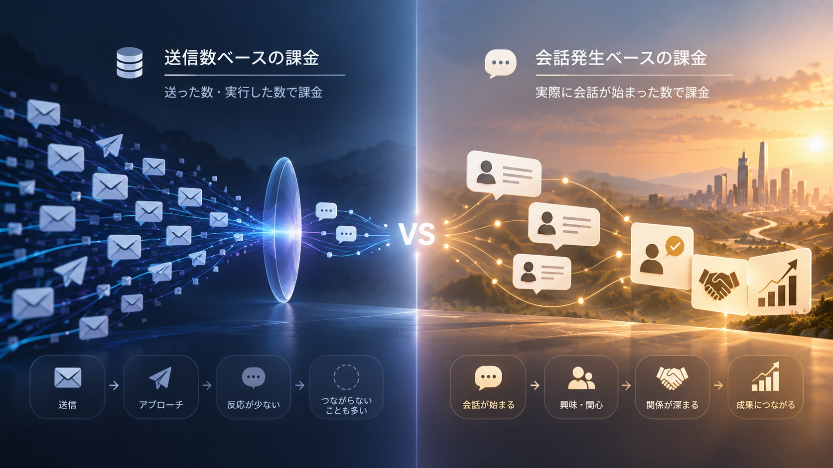 送信数ベースの課金と会話発生ベースの課金を比較する図解